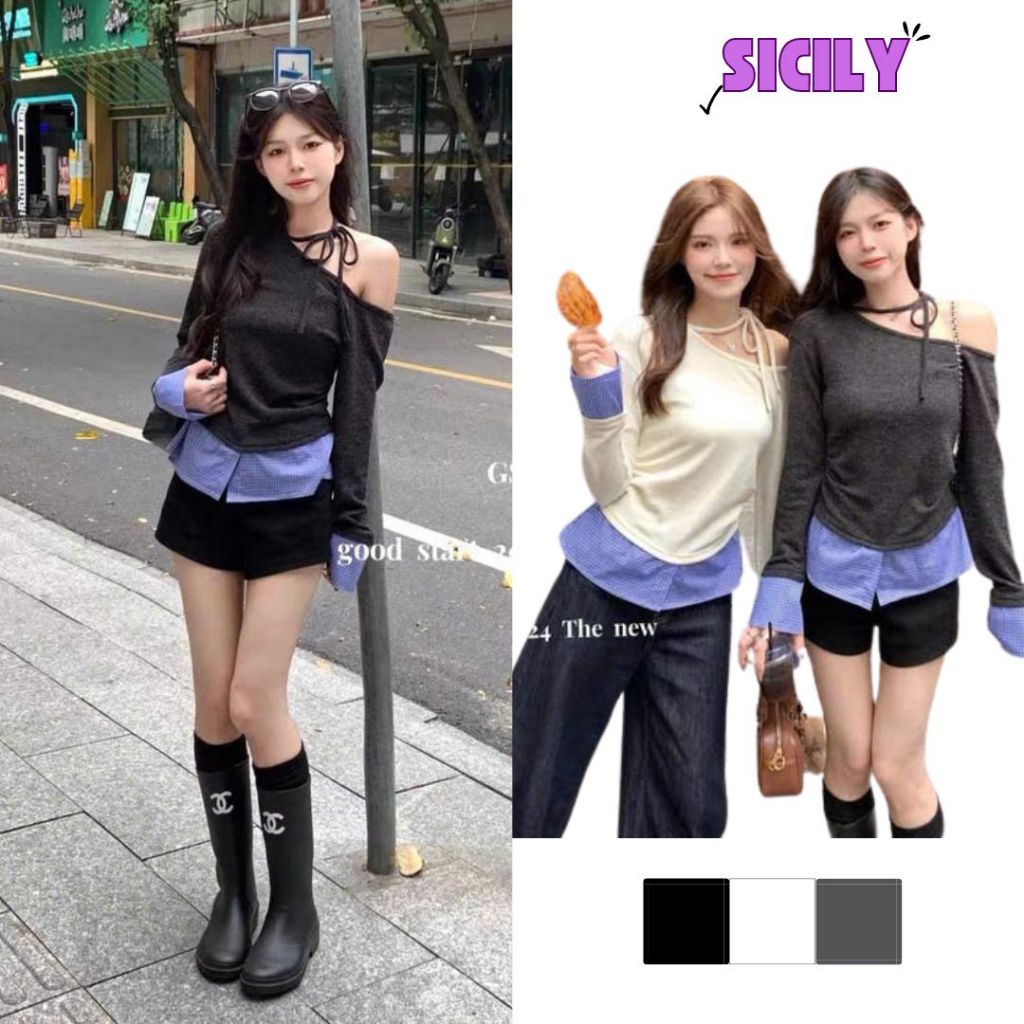Áo thun nữ tay dài lệch vai Sicily phối màu rúm eo ATPLV