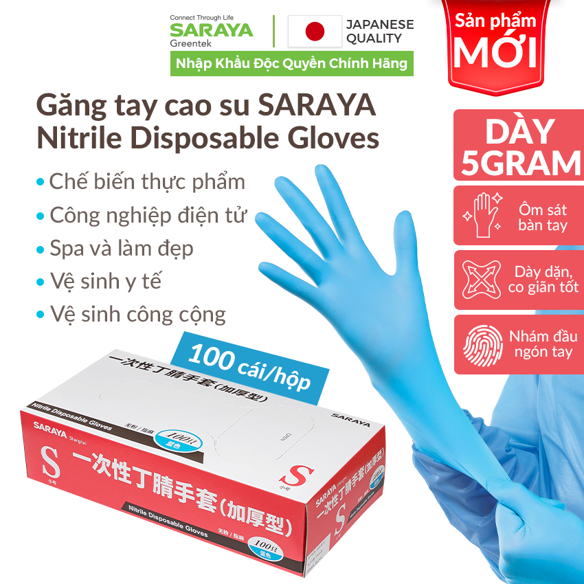 Ảnh Găng tay cao su Saraya Nitrile Loại Dày 5Gram Không Bột, dùng trong chế biến thực phẩm, làm đẹp, vệ sinh - 100 cái/hộp 2