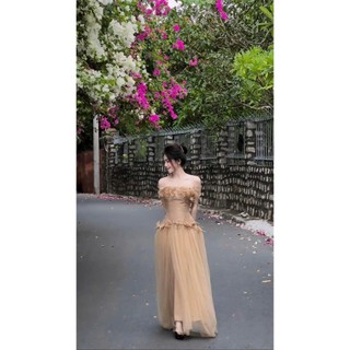 Đầm công chúa dạ hội chất tapta có mút mặc được hai kiểu trễ vai 2 dây đính bông hoa viền đá tùng váy lưới