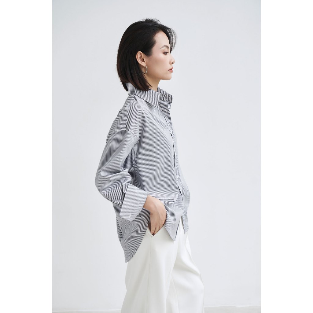Ảnh Áo sơ mi nữ GILLEE dáng oversized, sơ mi form rộng vải kate Mỹ tone đen và xám sang trọng, cuốn hút 3