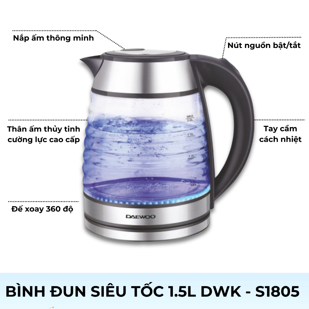 Ảnh Ấm siêu tốc thủy tinh cao cấp 1.7L Daewoo DWK-GL1803 thiết kế vỏ sò đèn LED độc đáo  - Hàng chính hãng BH 2 năm 4