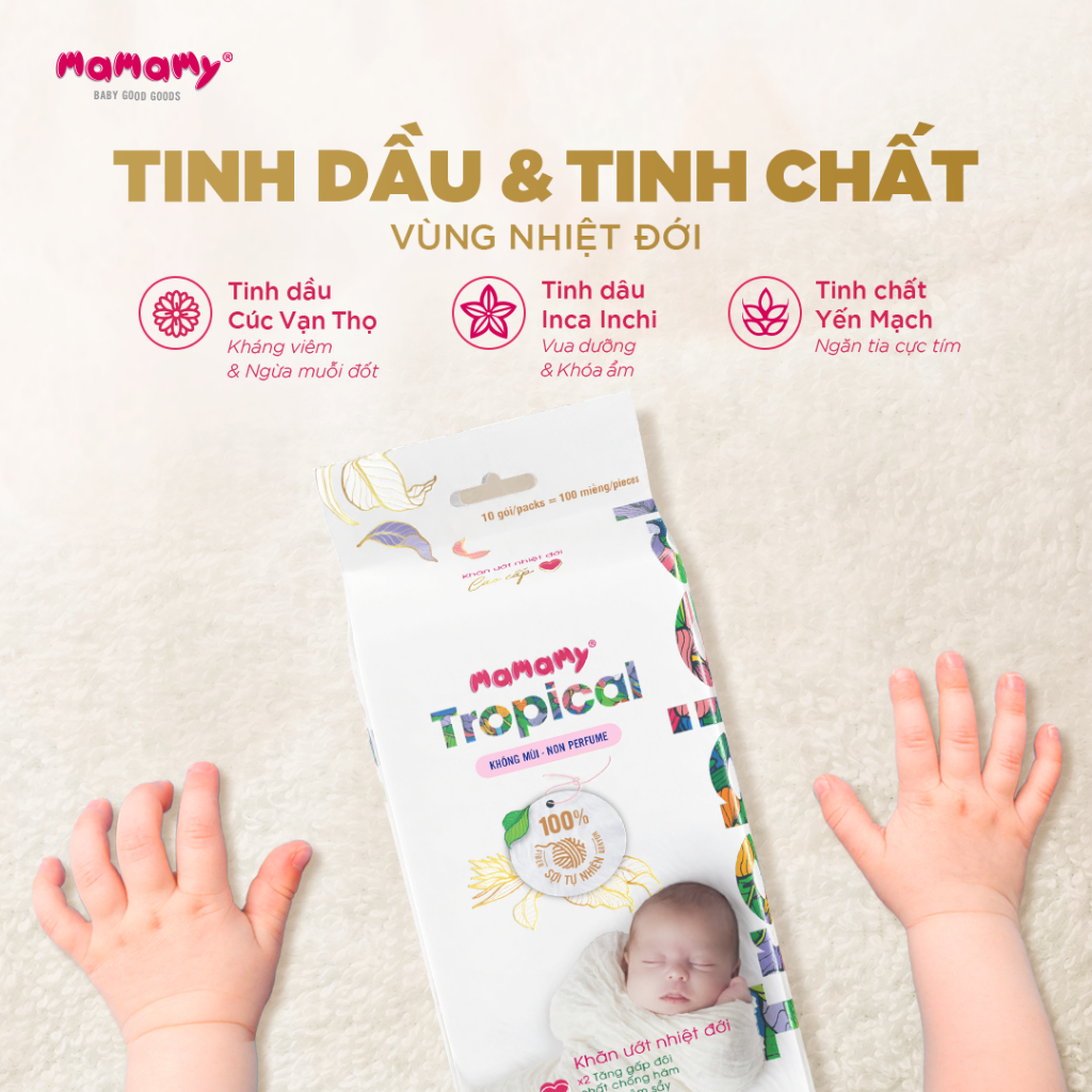 Ảnh Khăn ướt Mamamy Tropical cho mẹ và bé gói 10 tờ tinh dầu cúc vạn thọ, nhỏ gọn, bỏ túi tiện lợi 4