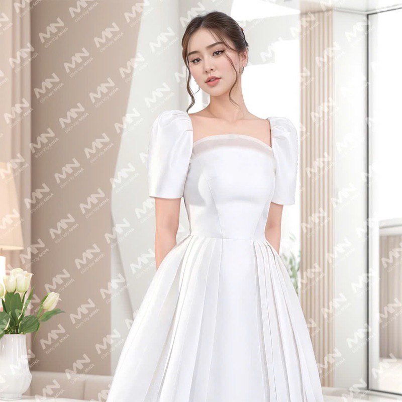 Ảnh Đầm công chúa MINA tay phồng dáng xoè xếp ly chất Taffeta phối Voan điệu đà dự tiệc, đi chơi MN214 1