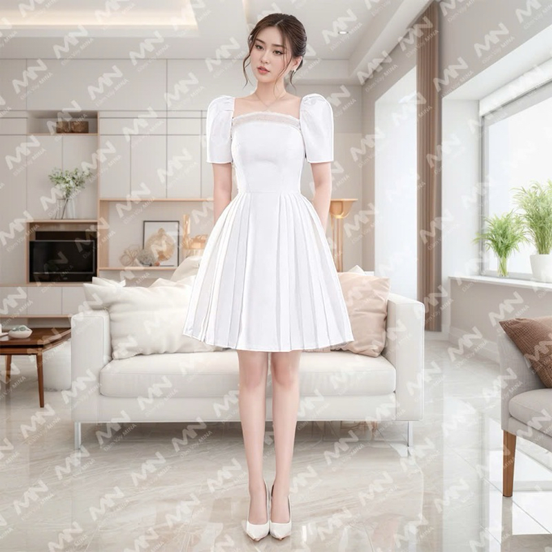 Ảnh Đầm công chúa MINA tay phồng dáng xoè xếp ly chất Taffeta phối Voan điệu đà dự tiệc, đi chơi MN214 2