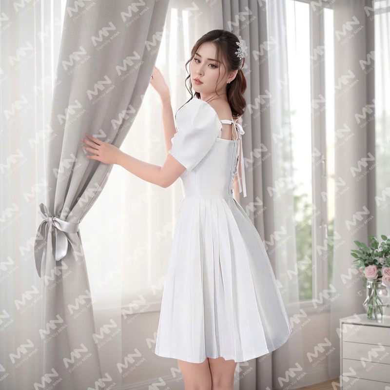 Ảnh Đầm công chúa MINA tay phồng dáng xoè xếp ly chất Taffeta phối Voan điệu đà dự tiệc, đi chơi MN214 3