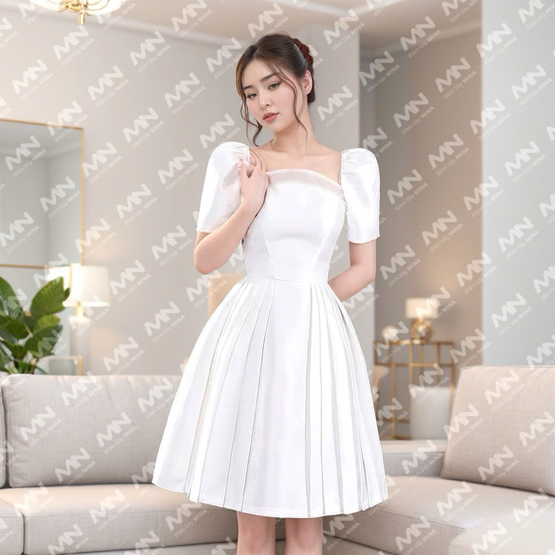 Ảnh Đầm công chúa MINA tay phồng dáng xoè xếp ly chất Taffeta phối Voan điệu đà dự tiệc, đi chơi MN214 4