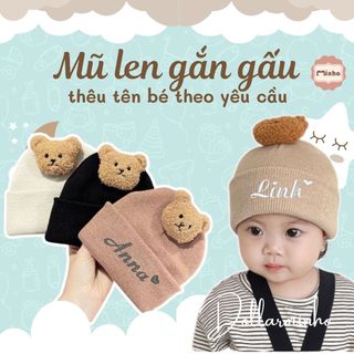 Mũ len gấu THÊU TÊN của bé từ 6 tháng đến 2 tuổi siêu xinh, nón len có đính hình gấu sẵn