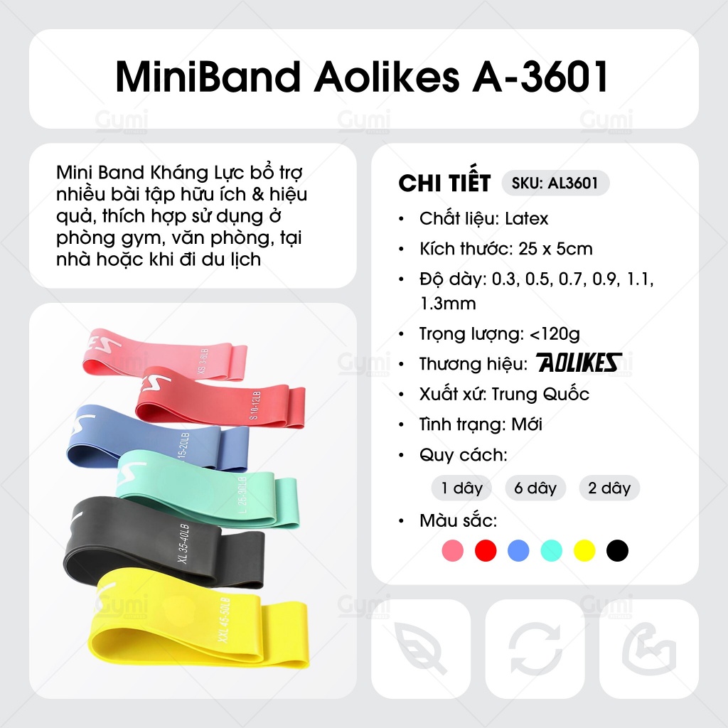 Dây Mini Band Cao Su Kháng Lực Aolikes A-3601 - Dây Miniband Tập Mông Đùi, Bộ 6 Dây Tặng Kèm Túi - AL3601