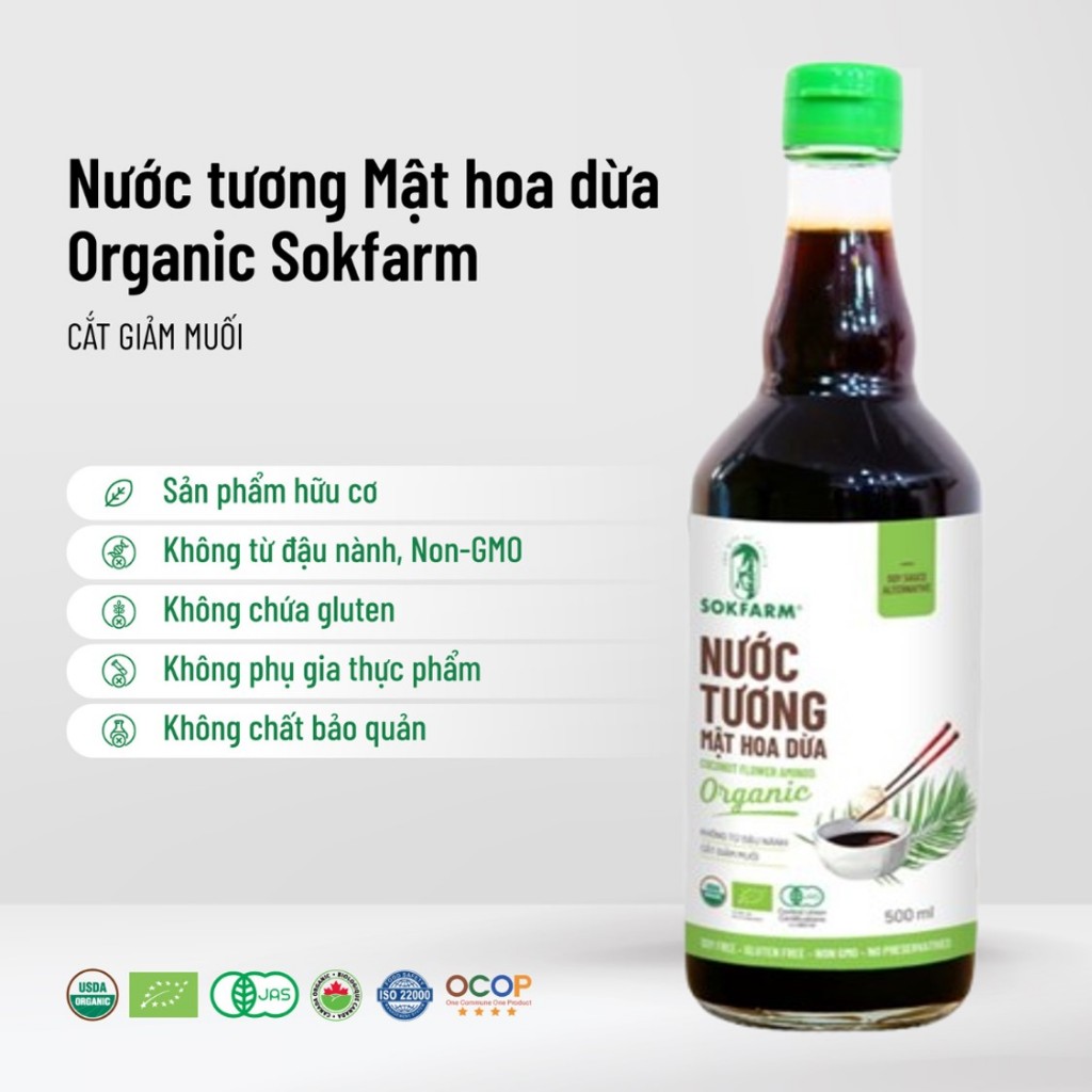 Nước tương mật hoa dừa sokfarm, nước tương hữu cơ từ mật hoa dừa sokfarm thuần chay không đậu nành