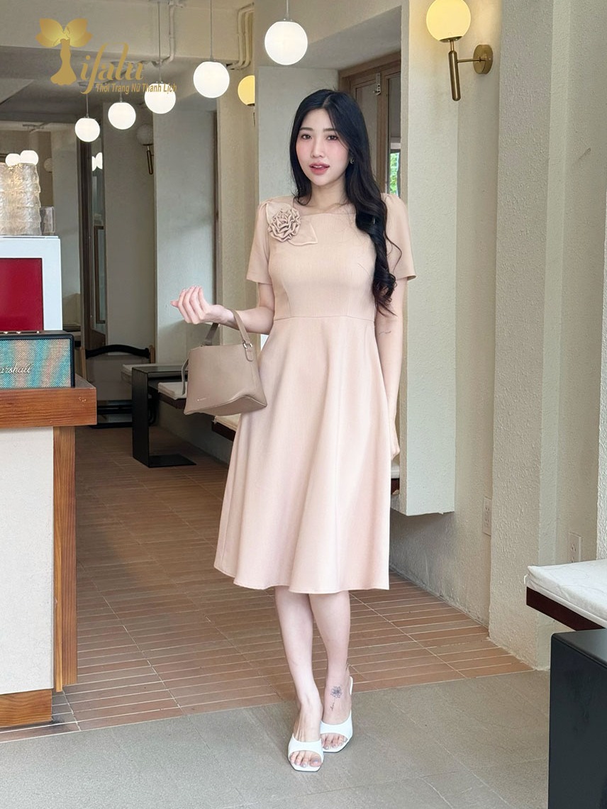 Ảnh Váy nữ đầm thiết kế Zol by TIFALU dáng xòe trẻ trung chất chéo Hàn - ZOL407NUDE 3
