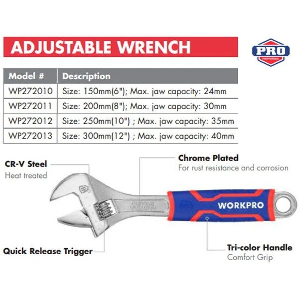 Mỏ lết (cờ lê) có điều chỉnh WORKPRO WP272010 WP272011 WP272012 WP272013 thép Cr-V cao cấp 150-200-250-300mm(6-8-10-12")
