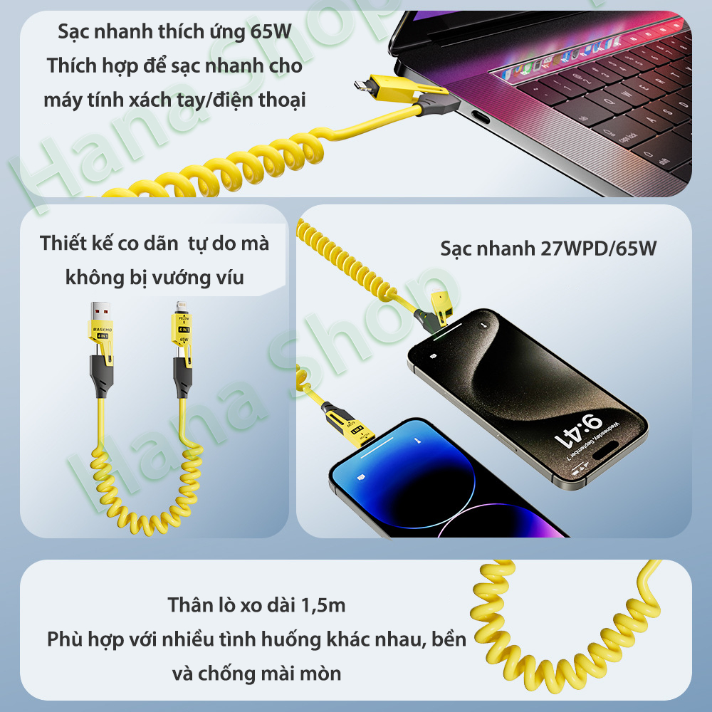 Dây Cáp sạc lò xo đa năng 4 in 1 - Hãng Basemo - Hỗ trợ sạc nhanh PD 27/65W - Thay đổi chiều dài tùy ý - Co dãn dễ dàng