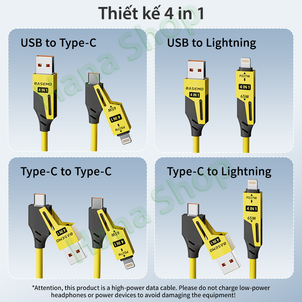Dây Cáp sạc lò xo đa năng 4 in 1 - Hãng Basemo - Hỗ trợ sạc nhanh PD 27/65W - Thay đổi chiều dài tùy ý - Co dãn dễ dàng