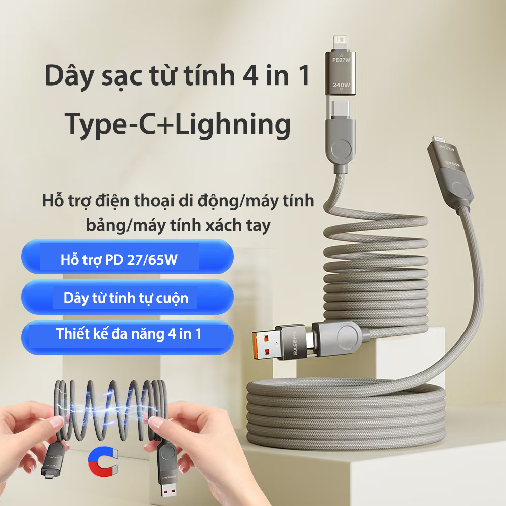 Dây Cáp Sạc Nhanh Nam Châm 65W 4 in 1 - Basemo - Đa Năng - Tự động cuộn tròn gọn gàng - Bảo hành 6 tháng