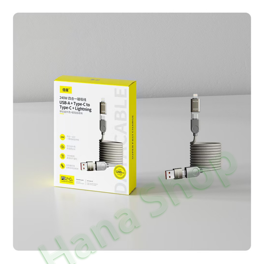 Dây Cáp Sạc Nhanh Nam Châm 65W 4 in 1 - Basemo - Đa Năng - Tự động cuộn tròn gọn gàng - Bảo hành 6 tháng