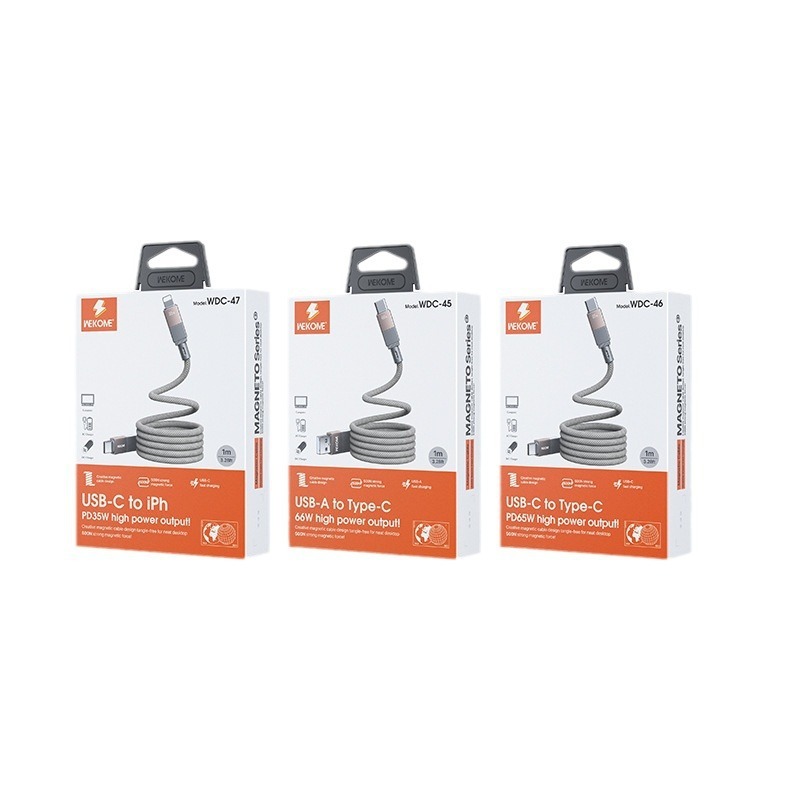 Dây cáp sạc nhanh nam châm tự động cuộn tròn - Hãng Wekome - Công suất 27/65W PD - Bảo hành 6 tháng