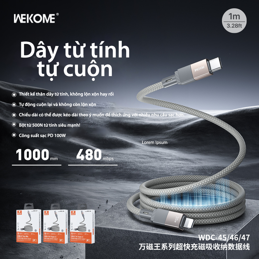 Dây cáp sạc nhanh nam châm tự động cuộn tròn - Hãng Wekome - Công suất 27/65W PD - Bảo hành 6 tháng
