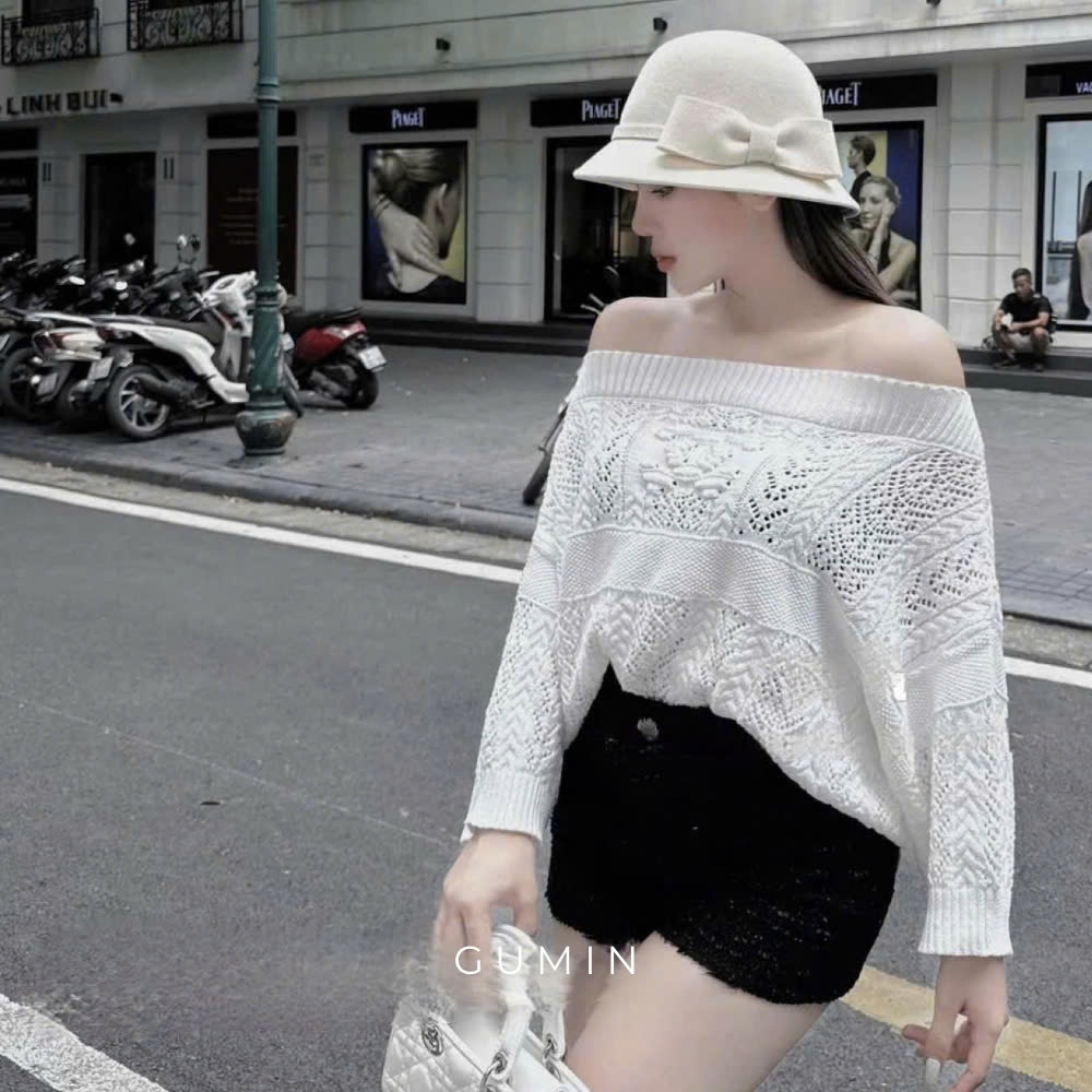 Áo len trễ vai GUMIN thiết kế áo dài tay kiểu dáng tay dơi kèm họa tiết ren nổi sang trọng