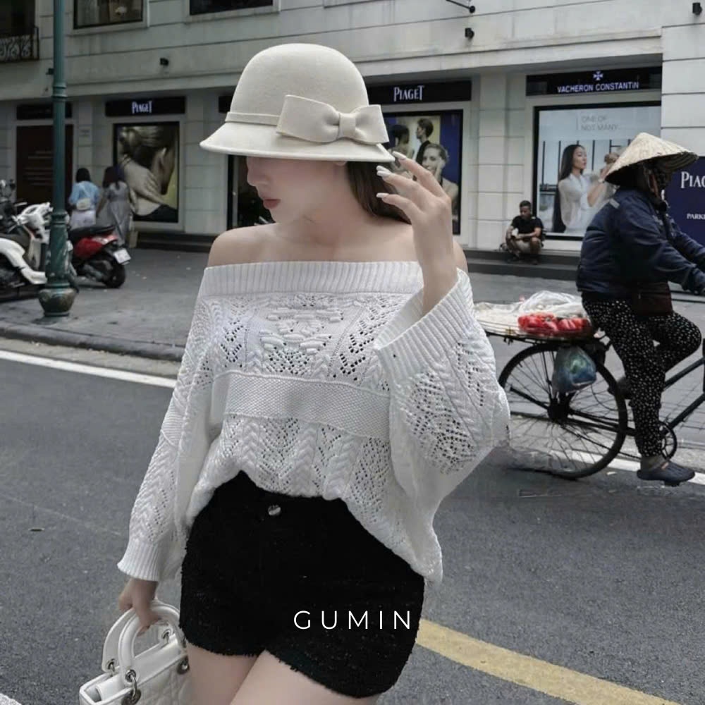 Áo len trễ vai GUMIN thiết kế áo dài tay kiểu dáng tay dơi kèm họa tiết ren nổi sang trọng