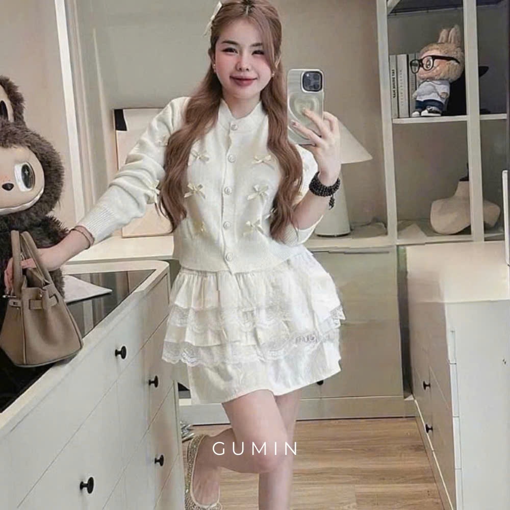 Set bộ áo váy len GUMIN thiết kế áo len dài tay đính nơ phối kèm chân váy xòe tầng hàng 2 lớp có lót trong cao cấp