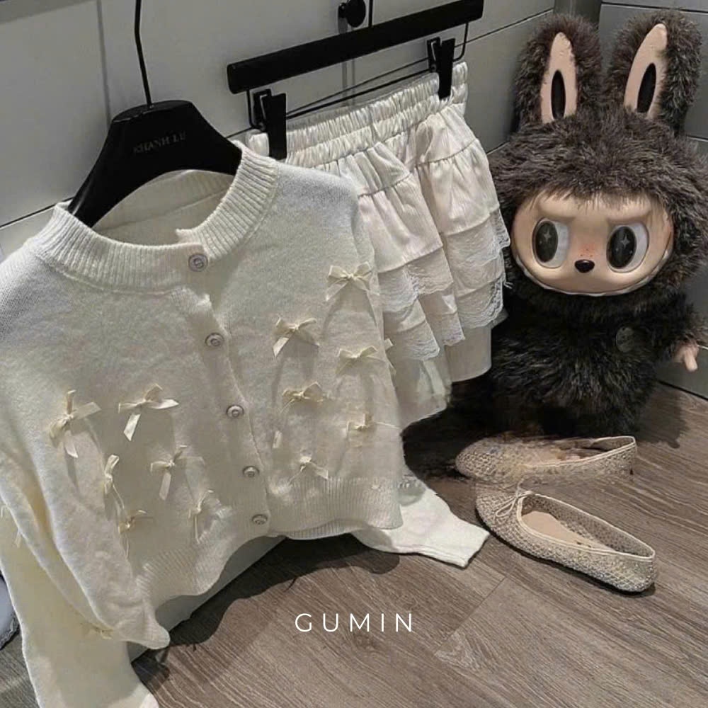 Set bộ áo váy len GUMIN thiết kế áo len dài tay đính nơ phối kèm chân váy xòe tầng hàng 2 lớp có lót trong cao cấp