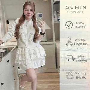 Set bộ áo váy len GUMIN thiết kế áo len dài tay đính nơ phối kèm chân váy xòe tầng hàng 2 lớp có lót trong cao cấp