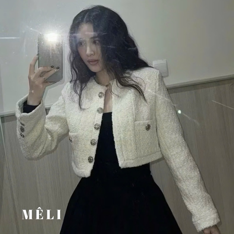 Áo dạ tweed dáng crotop đính cúc đá, áo khoác ngoài sang chảnh hai màu D01