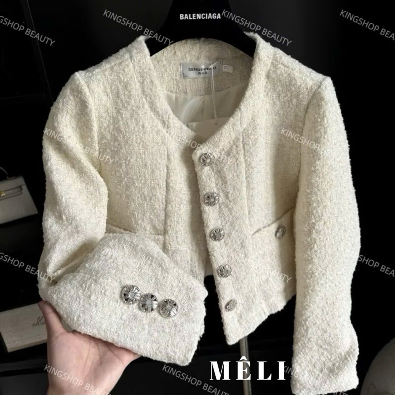 Áo dạ tweed dáng crotop đính cúc đá, áo khoác ngoài sang chảnh hai màu D01