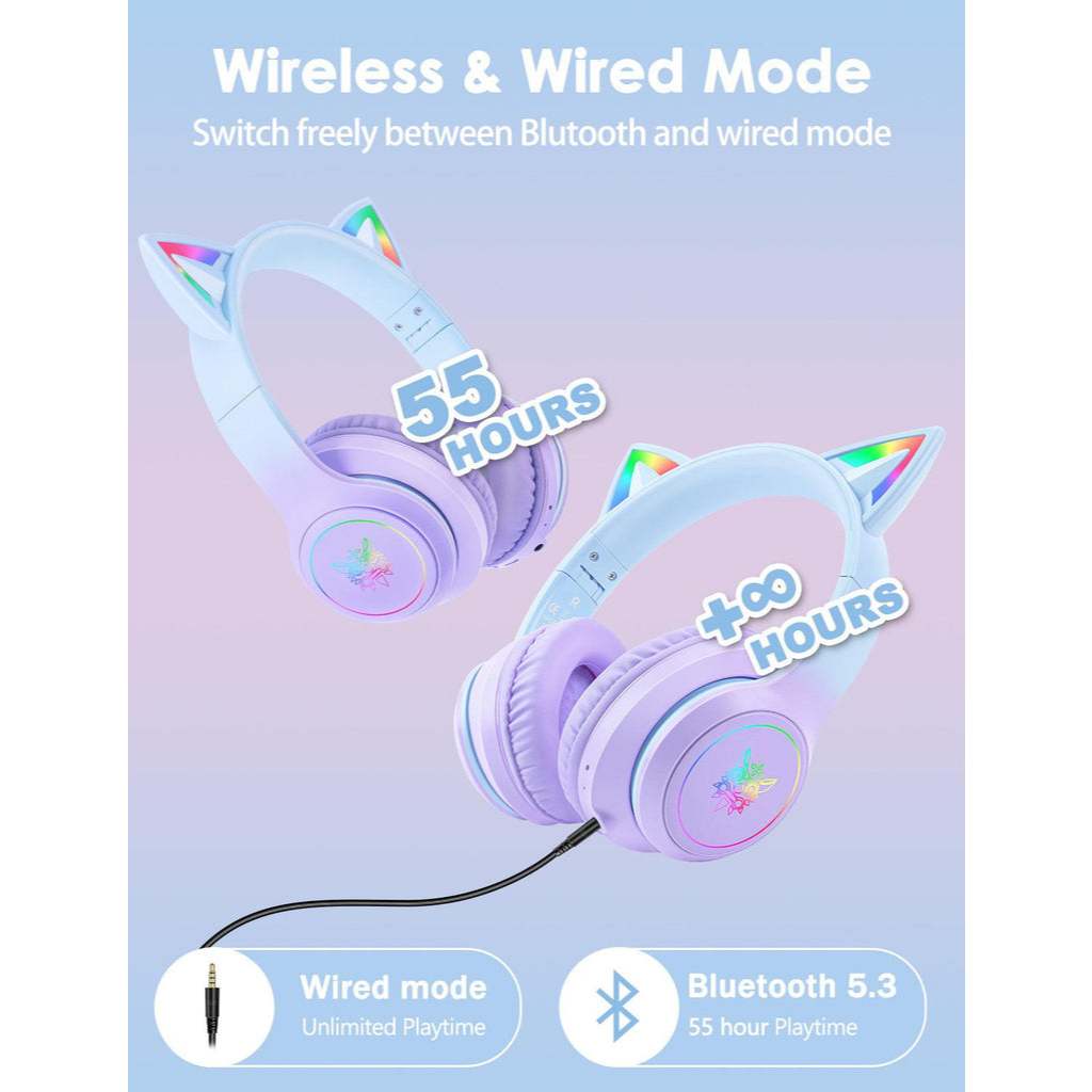 Tai Nghe Gaming Tai Mèo ONIKUMA B90 Bluetooth, Giảm Tiếng Ồn, Đèn RGB