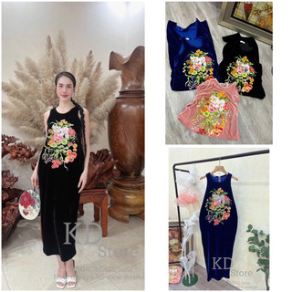 Váy nhung the dáng xuông thêu hoa to sang trọng