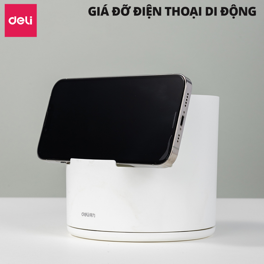 Ống Bút Xoay 360 Độ Deli - Hộp Đựng Bút Tròn Nhiều Ngăn Để Bàn Tích Hợp Giá Đỡ Điện Thoại - Tặng Kèm Sticker