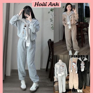 Set Bộ Đồ Nỉ 2 Da Bé Gái Áo Nỉ Dài Tay Kèm Khăn THuỷ Thủ Kẻ Đen Trắng Mix Quần Dài Boom Gấu Freesize