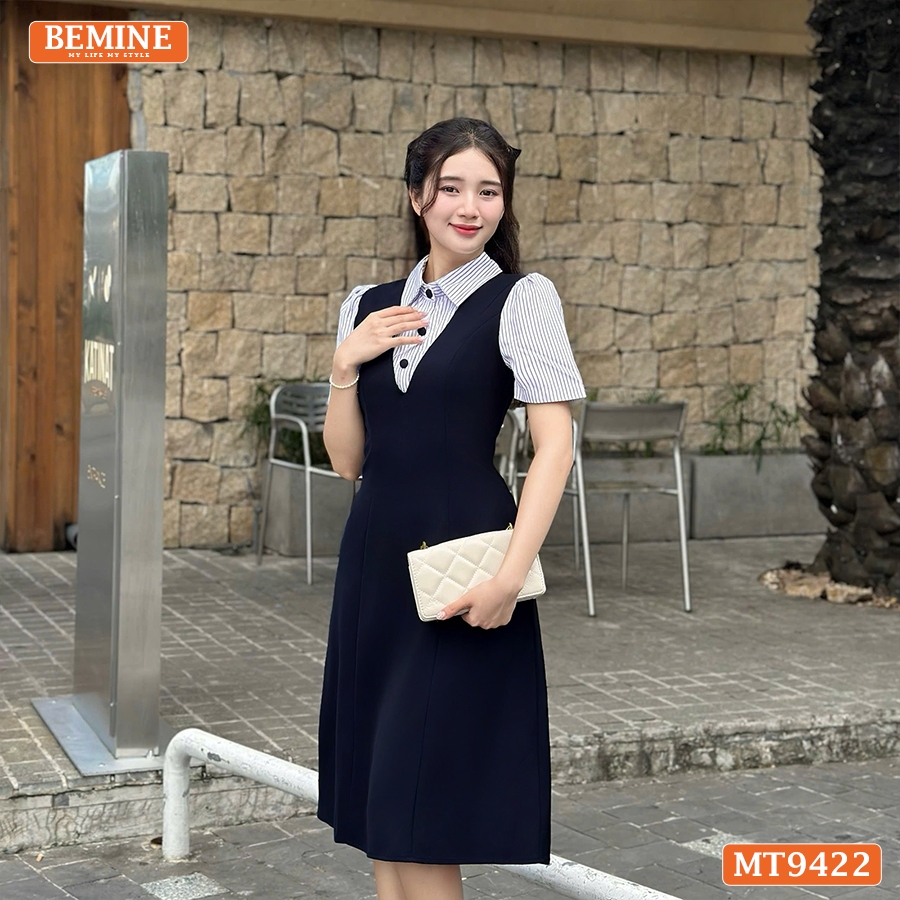 Ảnh Đầm thiết kế BEMINE cổ sơ mi dáng chữ A giả yếm phù hợp đi làm, đi dạo phố-MT9422 4