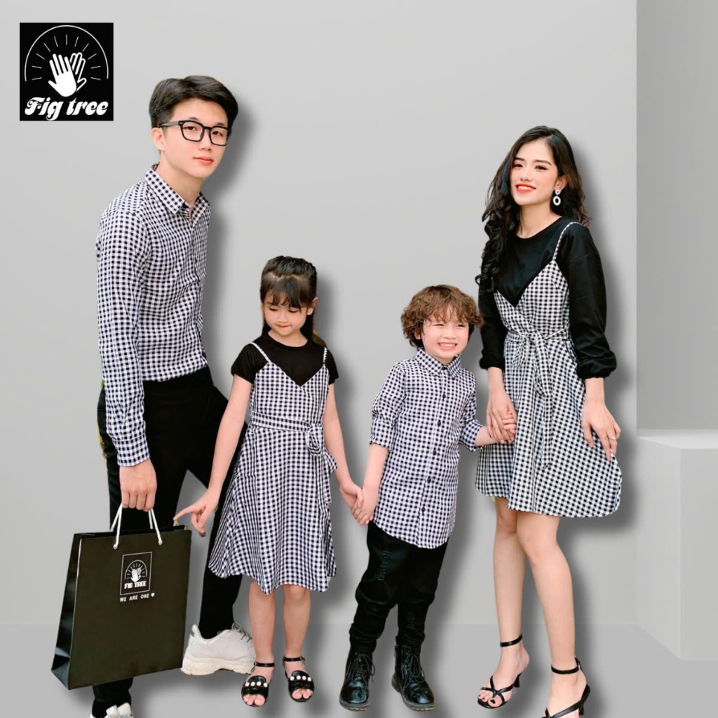 Set Đồ Gia Đình FigTree ( Nam Sơ Mi +Nữ Set Yếm ) Caro Trắng Đen  Siêu Xinh(Hàng Thiết Kế ( Mã 147C)