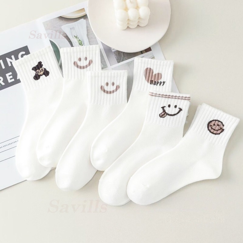 Tất Vớ Cổ Lửng Trắng Họa Tiết Dễ Thương Phong Cách Hàn Quốc, Chất Cotton Co Giãn 4 Chiều (CỔ LỬNG)