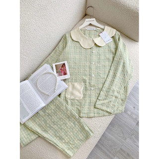 𝗛𝗮̀𝗻𝗴 𝗰𝗵𝗶́𝗻𝗵 𝗵𝗮̃𝗻𝗴 Set Đồ ngủ Pyjama kẻ Trudy cổ hoa form rộng xinh xắn O.N WORSKHOP