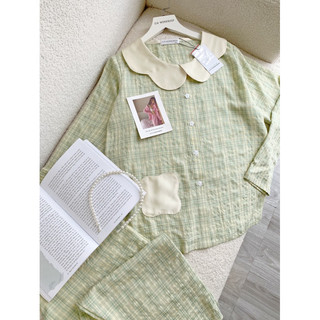 𝗛𝗮̀𝗻𝗴 𝗰𝗵𝗶́𝗻𝗵 𝗵𝗮̃𝗻𝗴 Set Đồ ngủ Pyjama kẻ Trudy cổ hoa form rộng xinh xắn O.N WORSKHOP