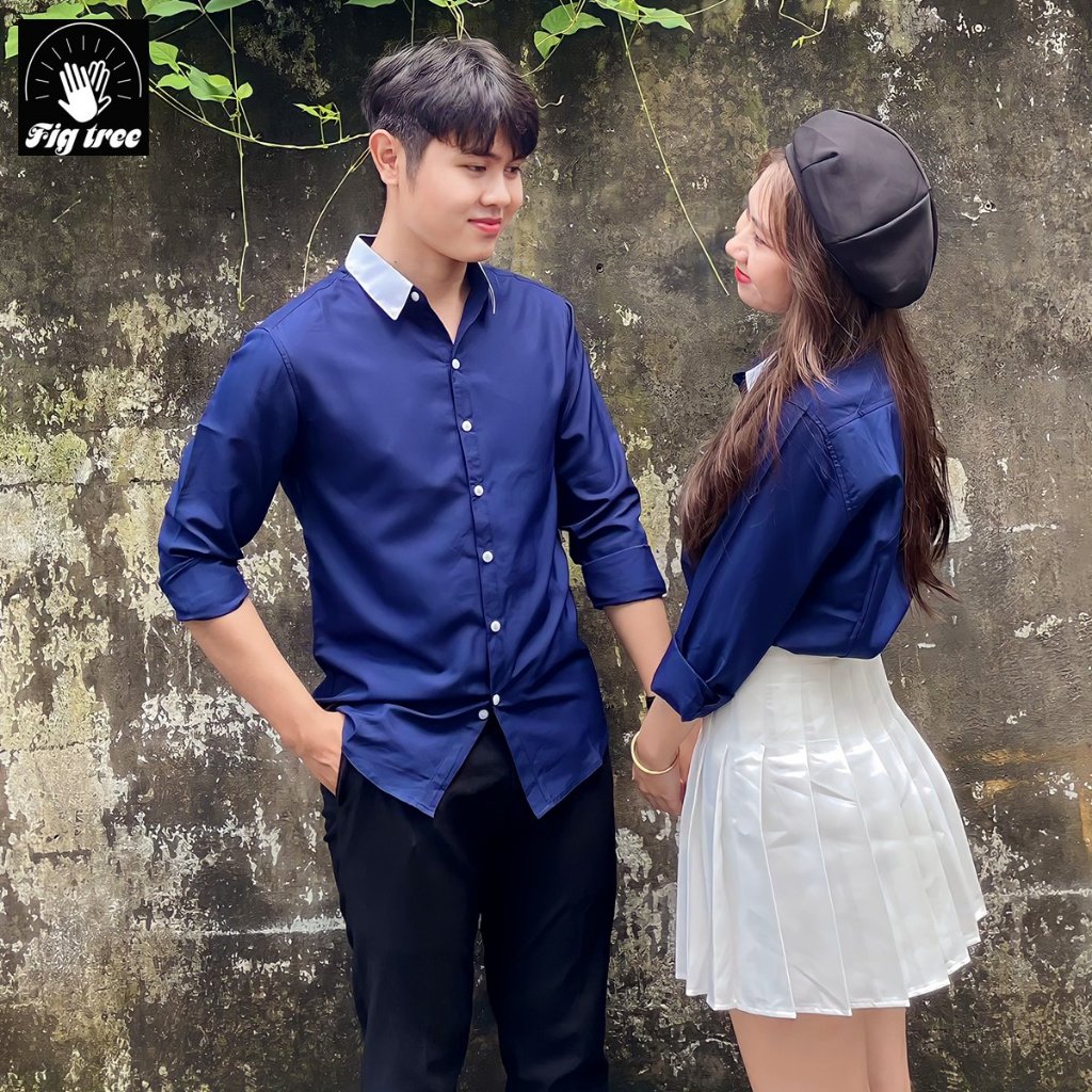 Set Đồ Đôi Áo Sơ Mi Fig Tree Màu Xanh Đen Phối Cổ Trắng Model