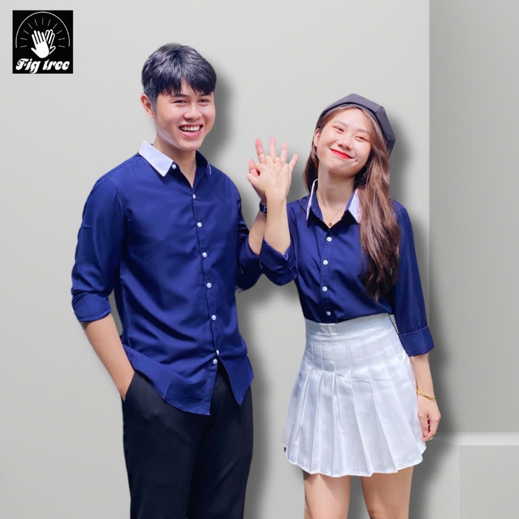 Set Đồ Đôi Áo Sơ Mi Fig Tree Màu Xanh Đen Phối Cổ Trắng Model