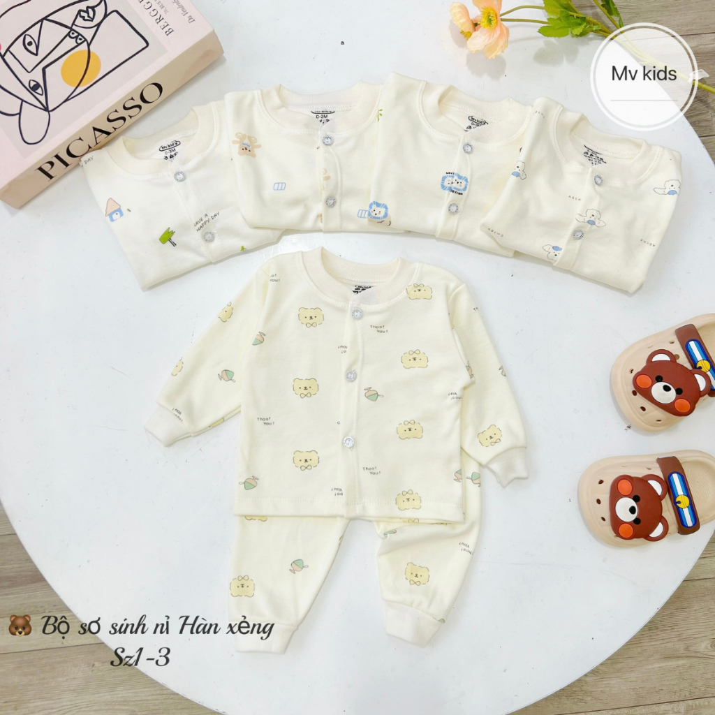 Set 5 Bộ Quần Áo Dài Tay Thu Đông Nỉ Cotton LT Cho Bé Sơ Sinh từ 3-9 kg cúc giữa vải mềm mịn  NC002 Đậu Đậu Store