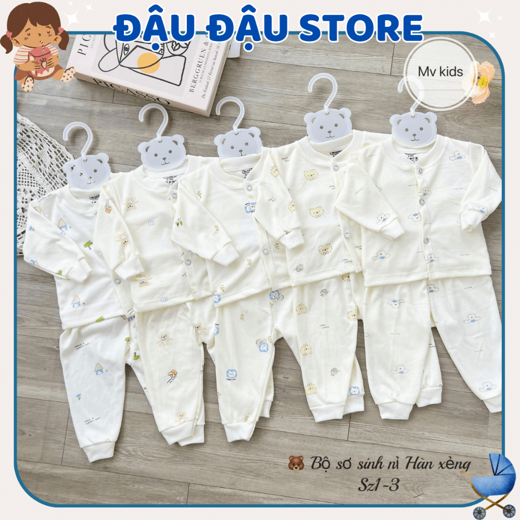 Set 5 Bộ Quần Áo Dài Tay Thu Đông Nỉ Cotton LT Cho Bé Sơ Sinh từ 3-9 kg cúc giữa vải mềm mịn  NC002 Đậu Đậu Store