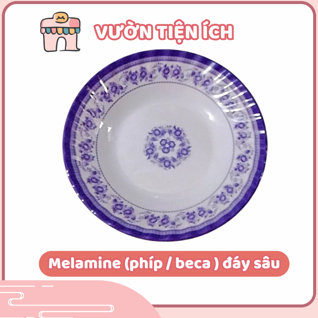 Dĩa nhựa quán cơm quán ăn, bánh cuốn, dĩa melamine đáy sâu hoa văn xanh ...