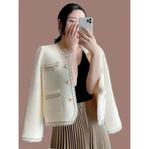 Áo khoác dạ tweed phối viền dạ cổ tròn 4 túi sang chảnh cho nữ hàng QC-TD092