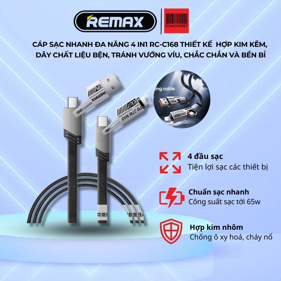 Cáp sạc nhanh đa năng 4 in1 Remax RC-C189 Thiết kế hợp kim kẽm, dây ...