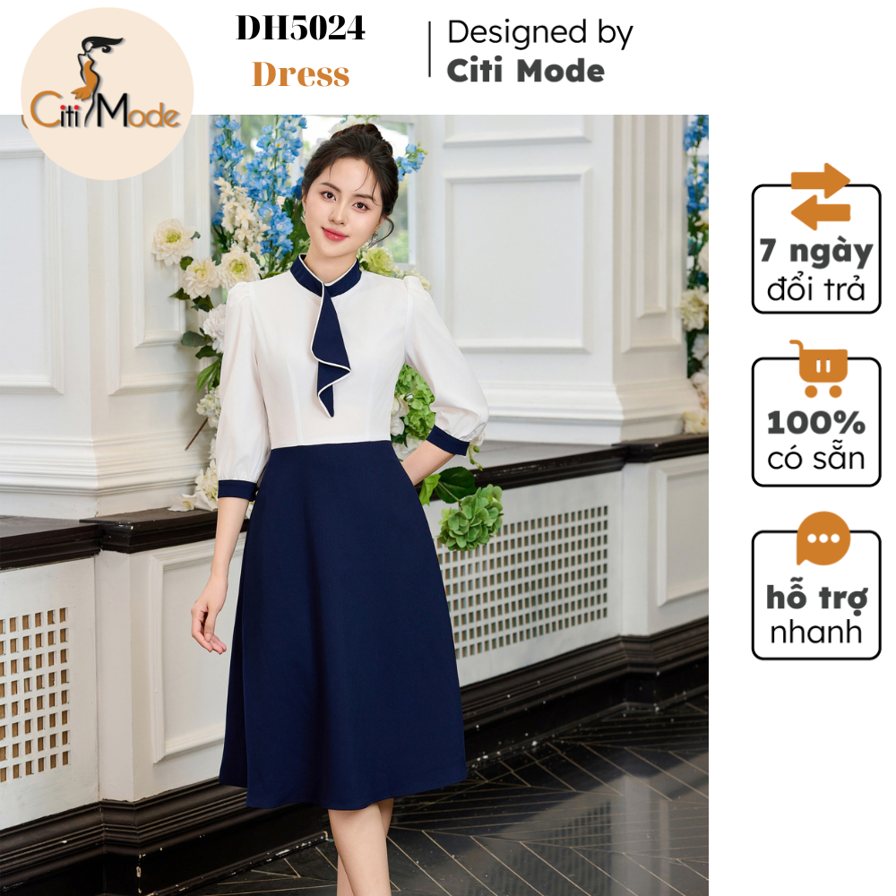 Đầm công sở CITI MODE FASHION thiết kế dáng xoè trắng dài tay phối chân