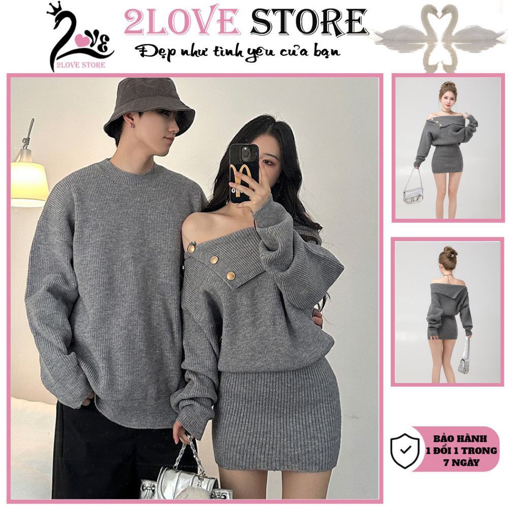 Set đồ đôi nam nữ bộ đồ đôi couple 2Love váy xuông nữ và áo len dài nam ...
