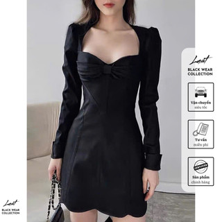 Váy body dáng xòe cổ vuông nơ dài tay cao cấp LUST chất liệu dày dặn T715