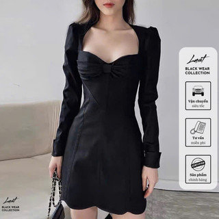 Váy body dáng xòe cổ vuông nơ dài tay cao cấp LUST chất liệu dày dặn T715