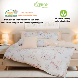 Mẫu chăn ga EVERON "Mơ Êm" trắng hồng họa tiết hoa poppy, mao lương, vải Tencel cao cấp EPT 25017