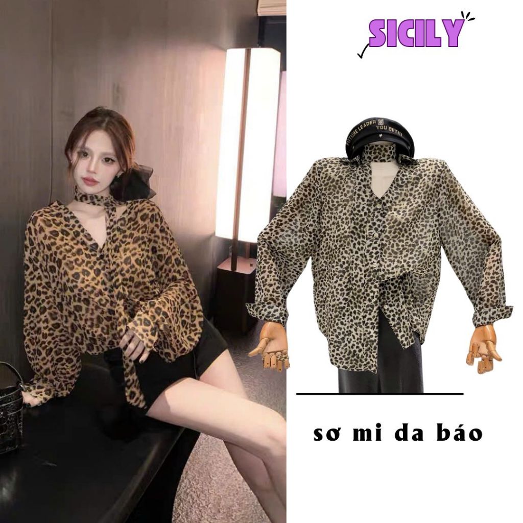 Áo sơ mi nữ da báo Sicily dáng suông tay dài SMBD